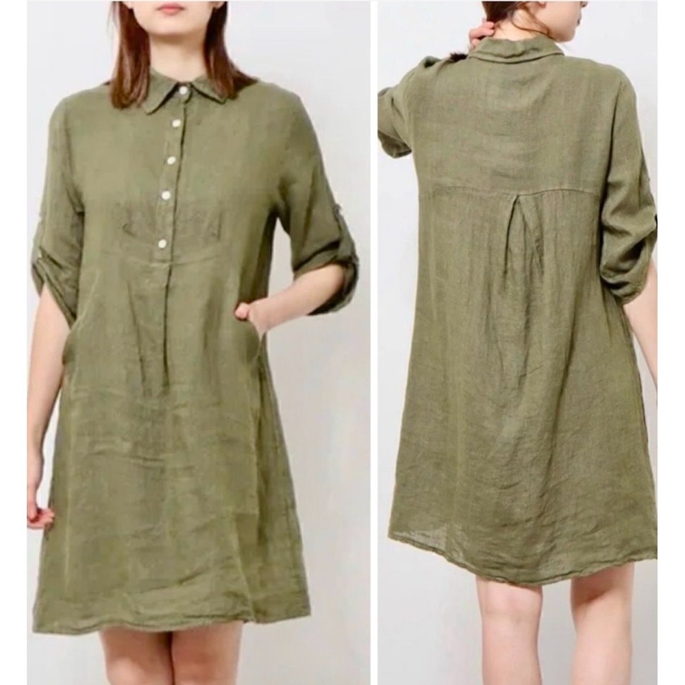 Elena Baldi Italy 100% Linen Olive Green Tunic Dress Medium Boho Cottage Beach